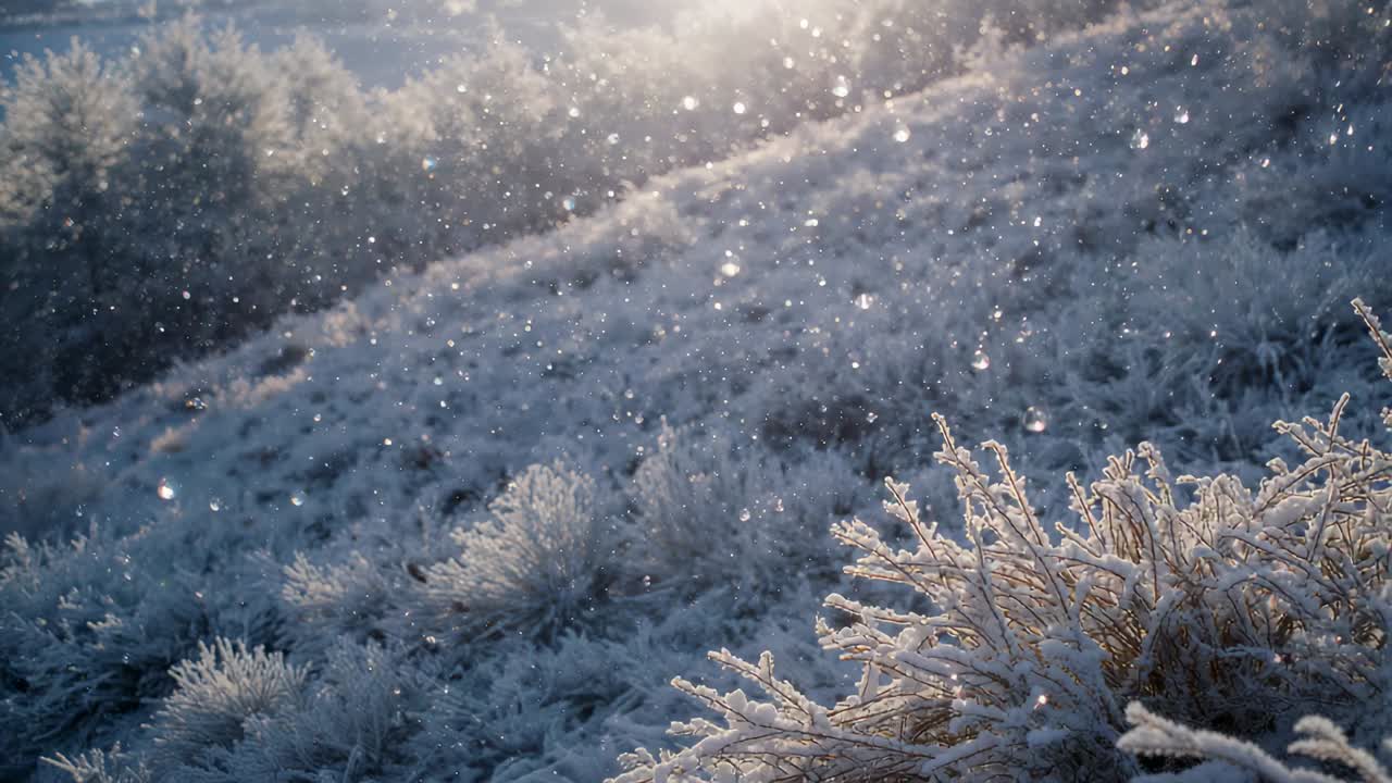 Glittering frost-coated shrubs and grasses catching low morning sun on hillside, with falling snow