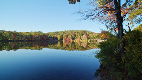 Ein-Reflektierender-See-Ist-In-Der-Ferne-Von-Herbstbäumen-Umgeben,-Während-Die-Kamera-In-Dieser-Neuengland-Szene-Mit-Spiegelungen-Im-Wasser-Schwenkt