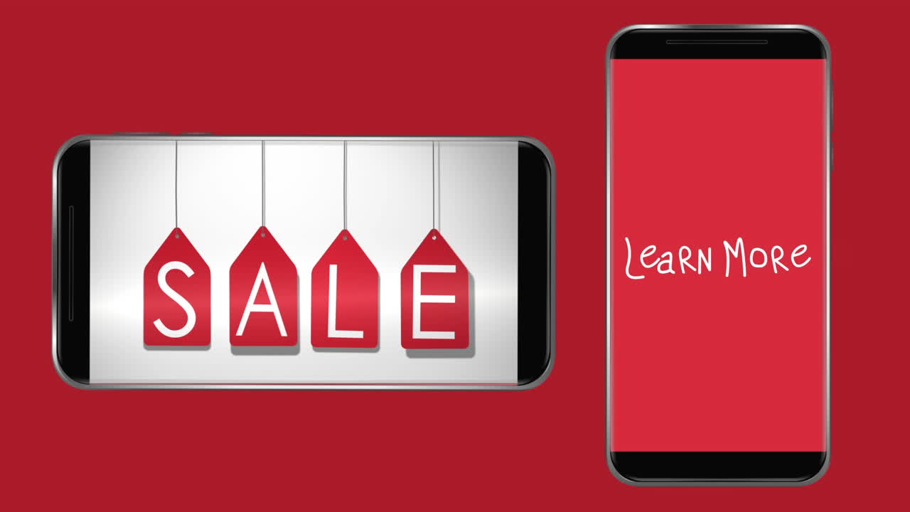 단어 판매의 애니메이션과 두 스마트 폰의 화면에서  ⁇ 박이는 더 많은 것을 배우십시오