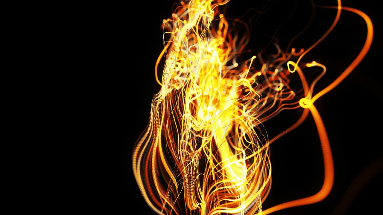 el flujo de partículas forma líneas amarillas rizadas como senderos de luz brillante, las líneas forman un patrón giratorio como ruido de rizado. animación 3d abstracta como fondo festivo creativo brillante. líneas rápidas de luz
