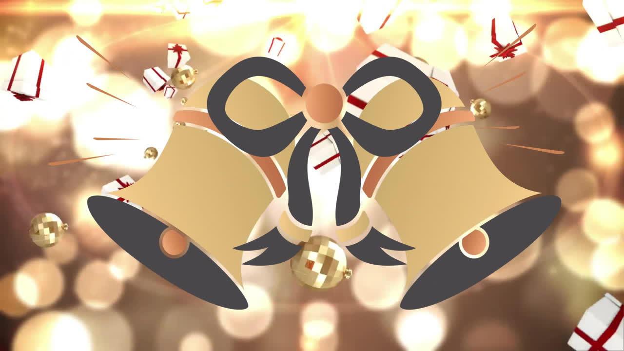 Animation of christmas bells over falling presents