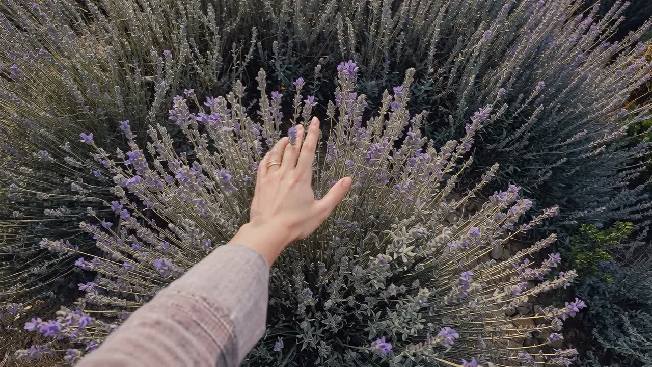 Reaching person's hand reacting to warm sun, brushing lavender bush in field, showing ring finger