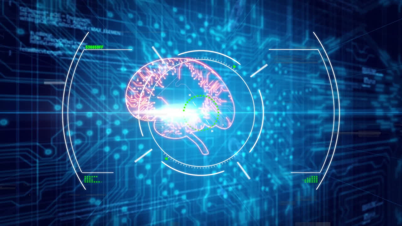 Digital brain interface displaying glowing blue and pink neural network animation