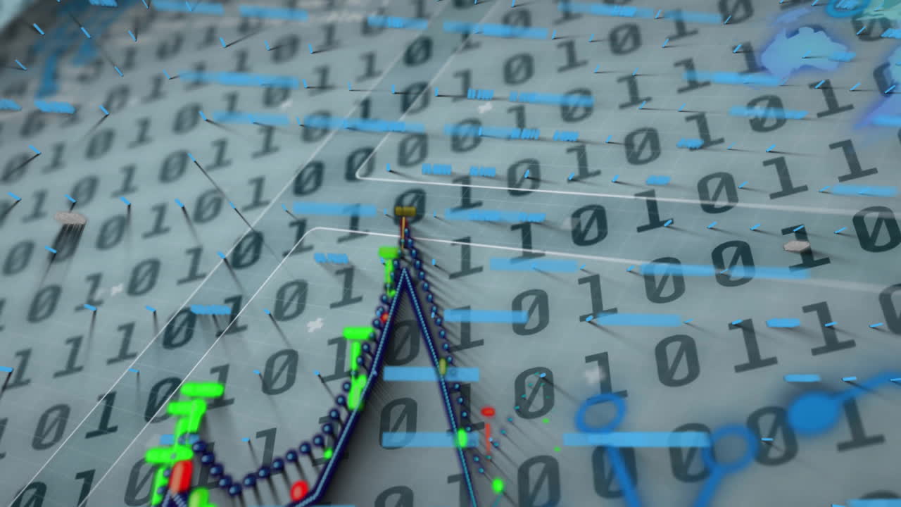 Animation of graphs, globe and binary codes against white background
