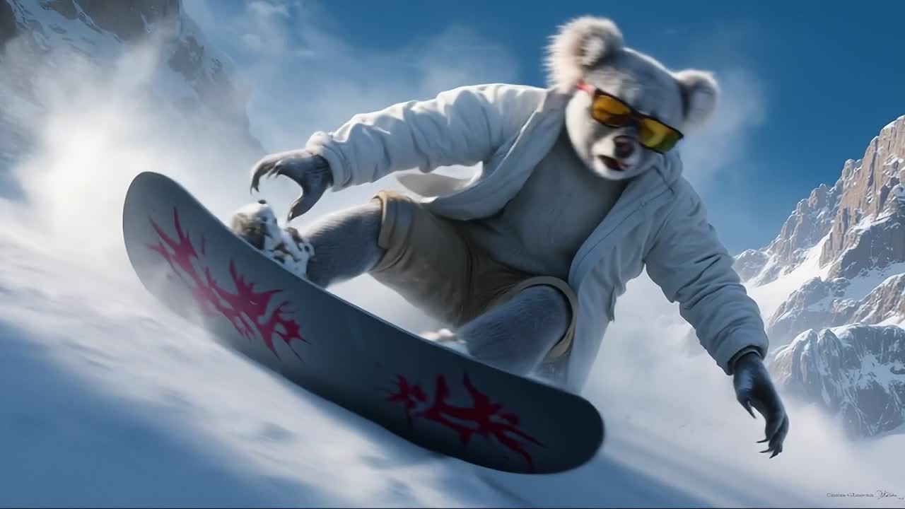 Snowboarder Koala Carving Powder on Mountain