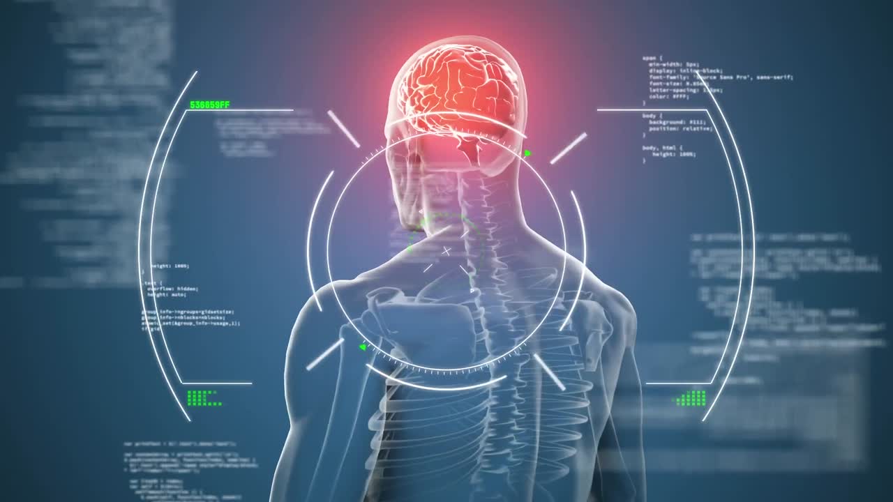 데이터 처리 및 파란색 배경에 회전하는 인체 모델에 대한 범위 스캔의 애니메이션