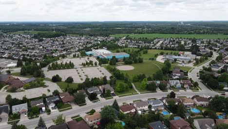 aerial shot of a cambridge, ontario neighborhood on an overcast day