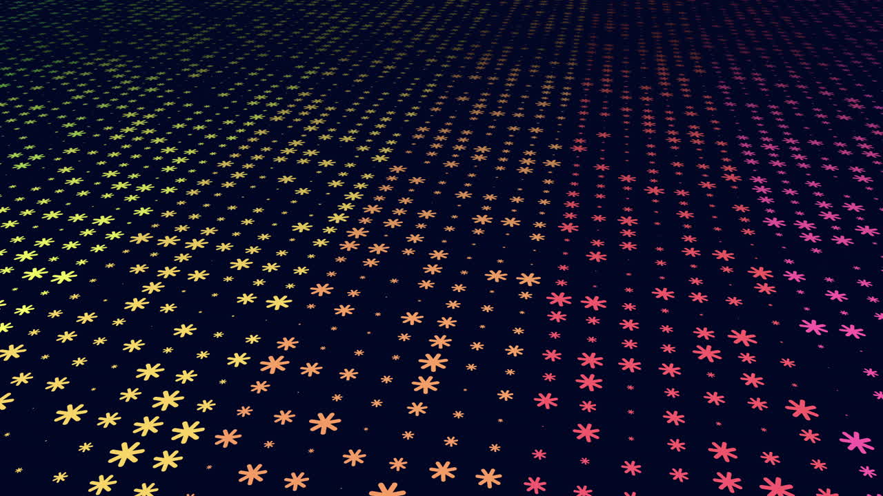 Abstract footage of a colorful glowing asterisk grid receding in perspective on a dark background, ideal for futuristic tech themes, digital wallpaper, and overlays