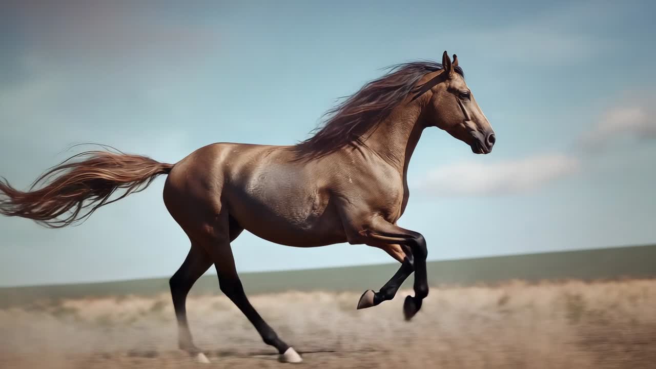 Entering frame bay horse galloping across grassland, traversing plain with dust clouds trailing