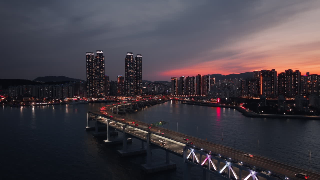 Night Cityscape View with Bridge and Sunset over River