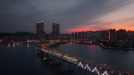 night cityscape view with bridge and sunset over river