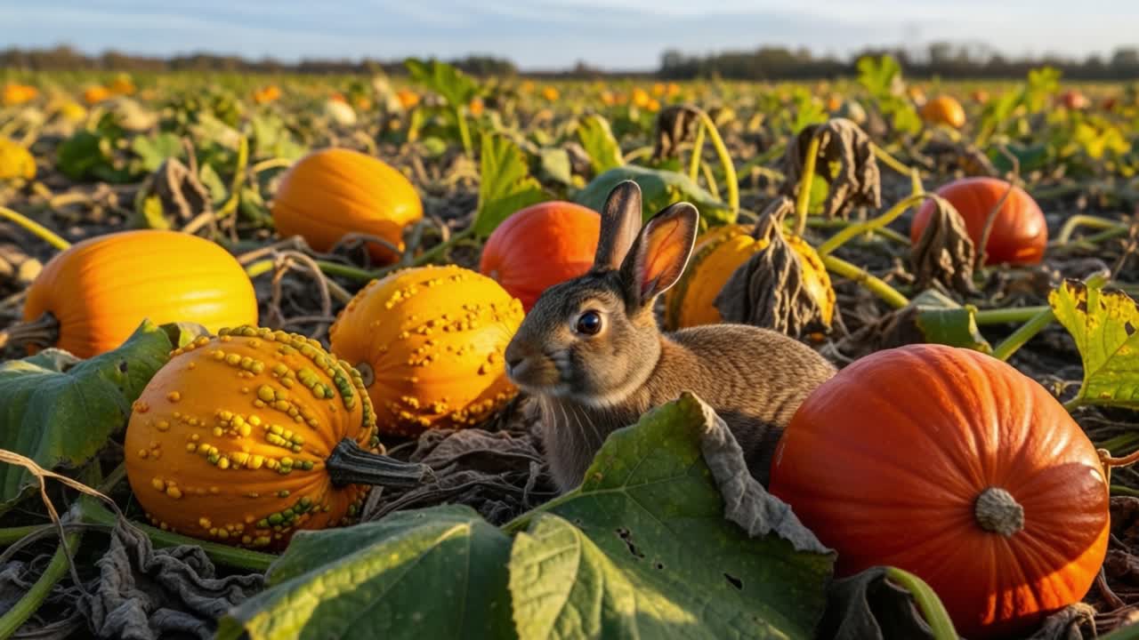 A Curious Rabbit Exploring a Vibrant Pumpkin Patch During Autumn, Surrounded by Colorful Pumpkins and Lush Green Leaves Under a Clear Blue Sky