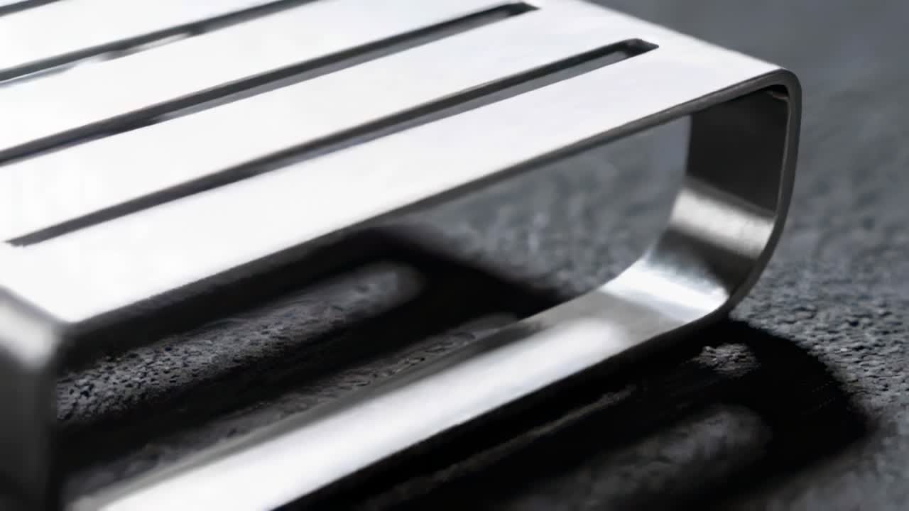 Câmera em movimento panorâmico mostrando uma peça de metal ranhurada deslizando sobre um tapete com sulcos, revelando uma perna curva e sombra.