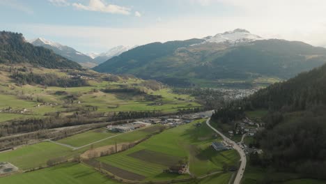 Aerial-of-a-swiss-mountain-valley-in-summer