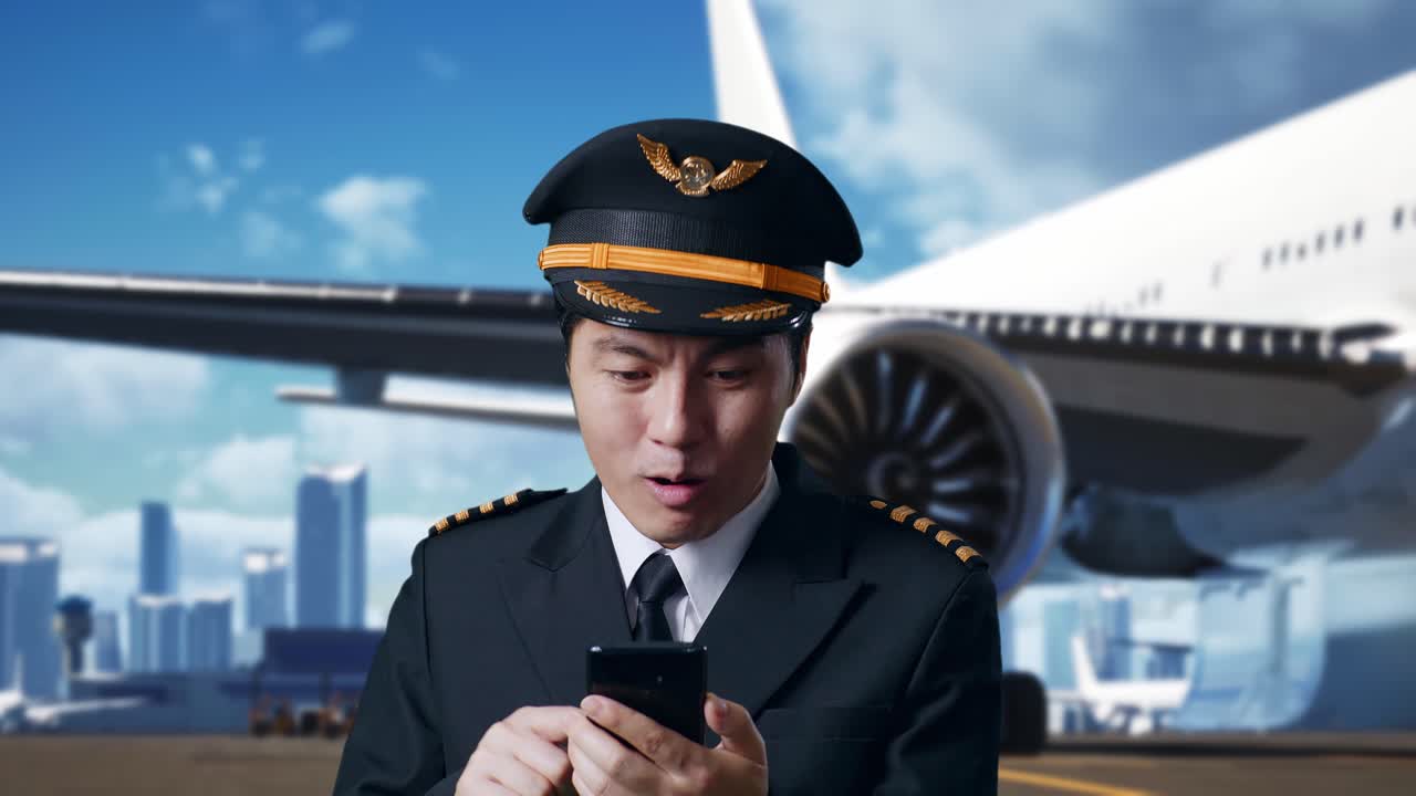 아시아 남성 조종사가 스마트폰을 보고 미소 짓고 와우라고 말하면서 배경에 비행기가 있는 공항에 서 있습니다.