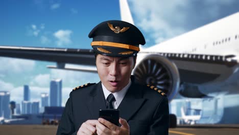 close up de piloto de hombre asiático mirando teléfono inteligente, sonriendo y diciendo wow mientras está de pie en el aeródromo con el avión en el fondo