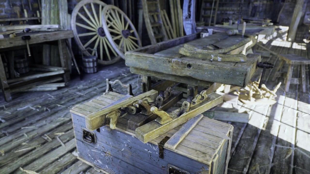 Scena che raffigura abilità artigianale in un laboratorio di restauro di ruote storiche