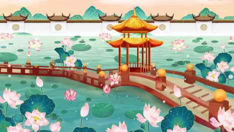 Fantasy-bright-ambience-landscape-lotus-temple-of-beautiful-morning-sky,-mountains,-flowers,-lake,-ancient-house-with-simple-animation-in-Japanese-Chinese-anime-watercolour-style