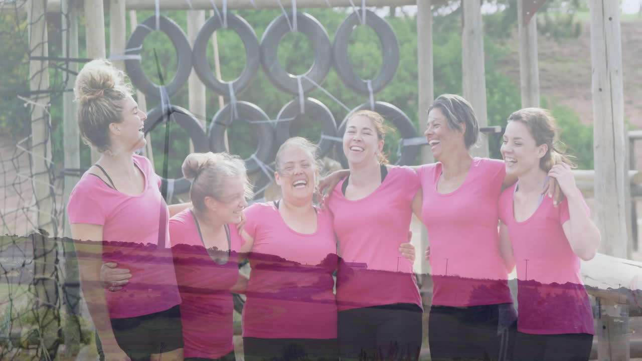 Laughing together, women in pink shirts navigating outdoor obstacle course animation