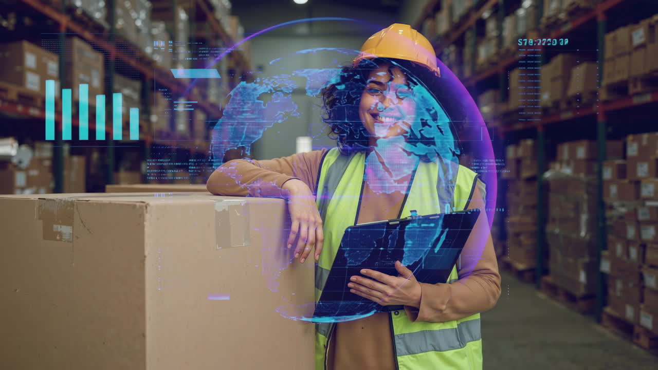 Woman in Warehouse with Digital Overlays Representing Global Logistics and Data Management