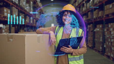 woman in warehouse with digital overlays representing global logistics and data management