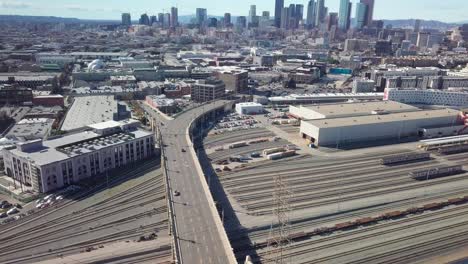 wide aerial reverse pull back of downtown los angeles from the east side