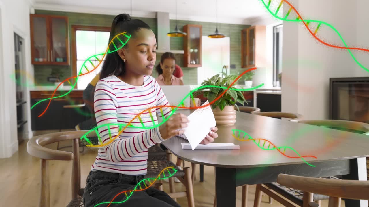 Girl in striped top receiving papers, moving and sorting mail for health while DNA helix overlaying