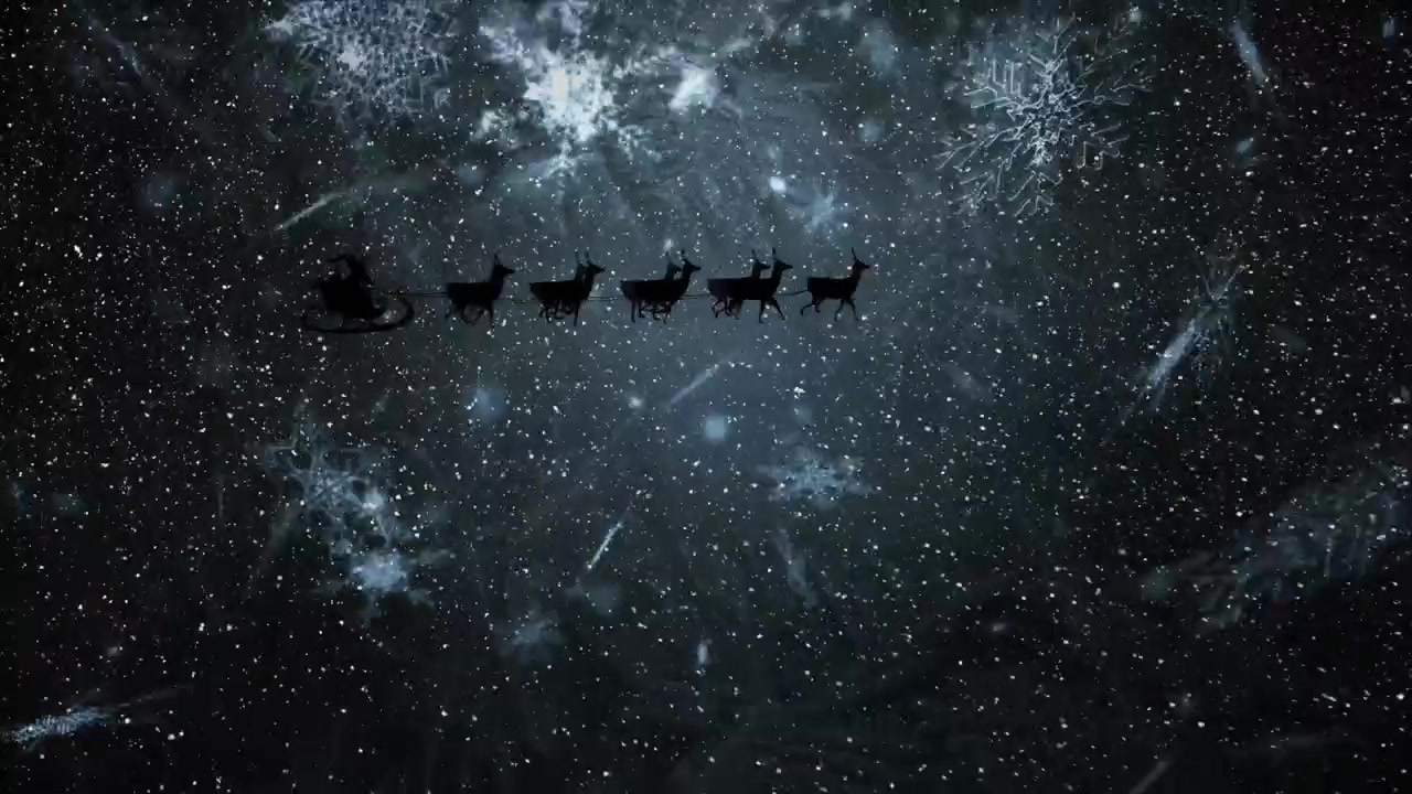 Animated snow falls over stars in a Christmas-themed digital video.