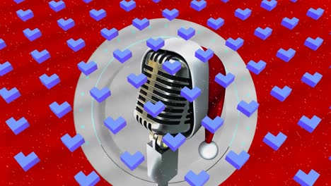 animation of shapes and snow falling over microphone with santa hat on red background