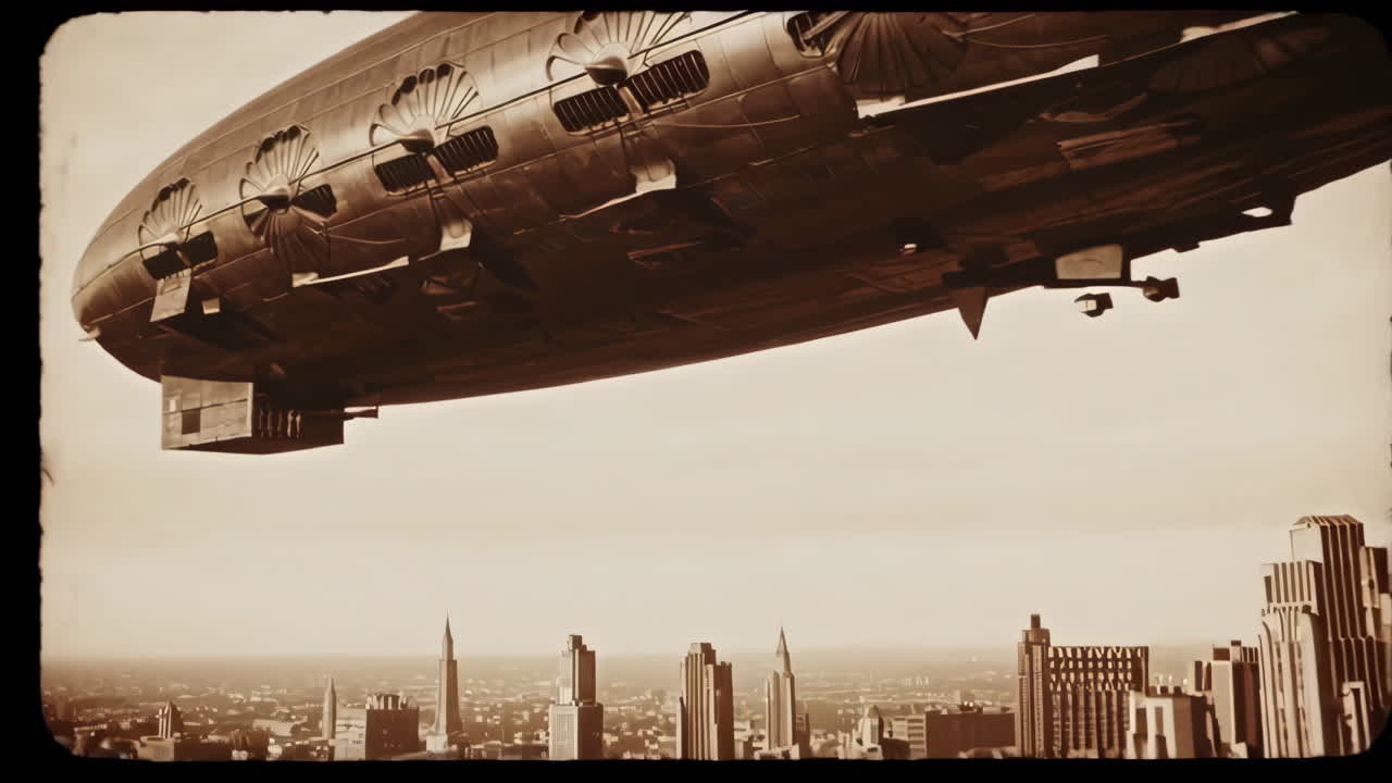 Vintage Airship over Art Deco Cityscape