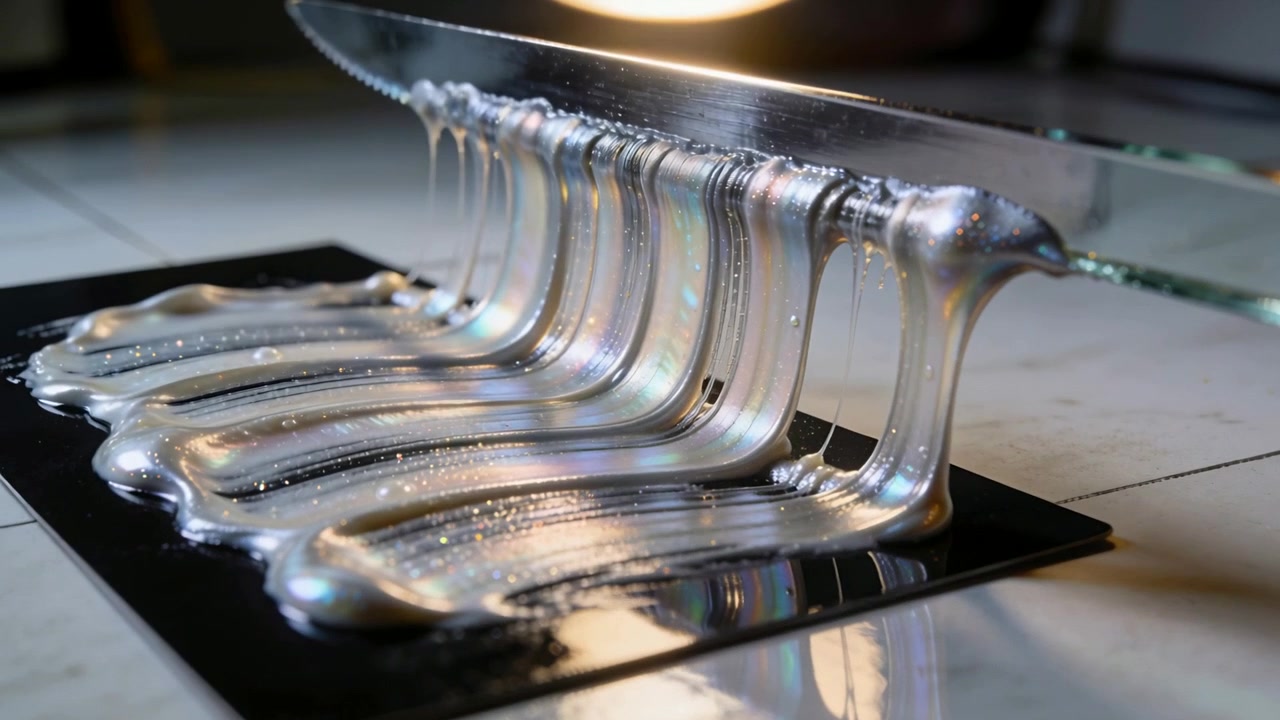 Glasplade løfter metallisk tyktflydende væske i tynde tråde, der samler sig på en sort base