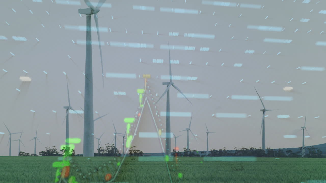 풍력 터빈은 데이터 처리 애니메이션과 함께 풍경 위에 있습니다.