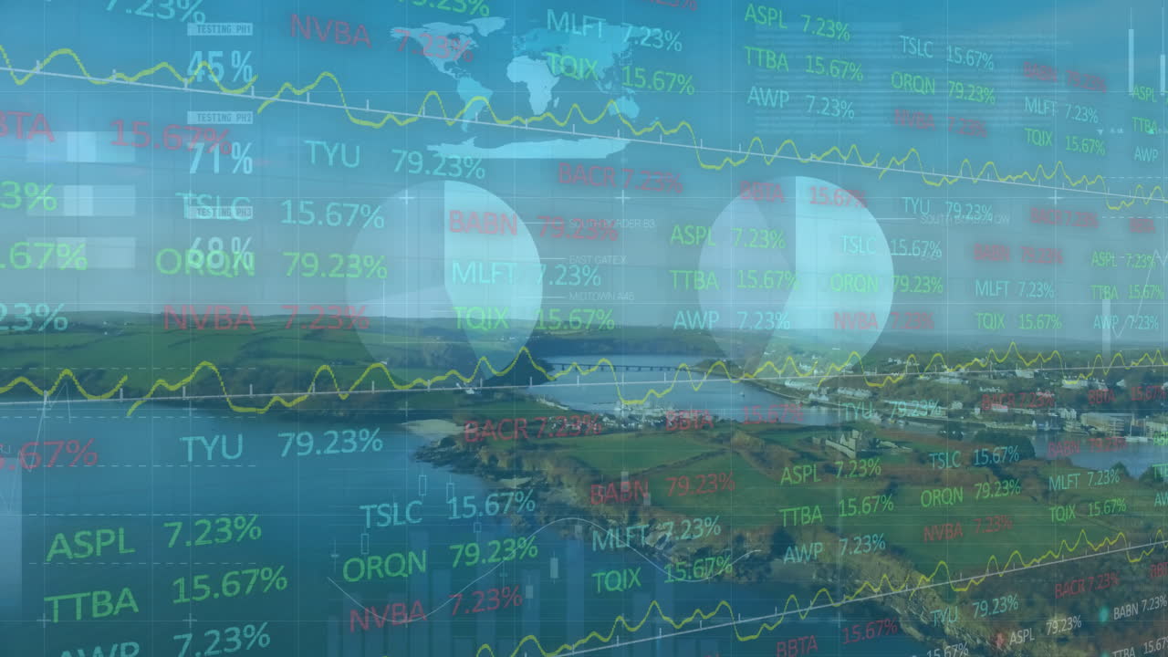 Overlaying coastal landscape, animation of stock market data and graphs in view