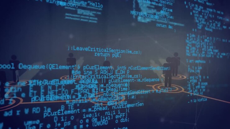 Animation of networks of connections and data processing over black background