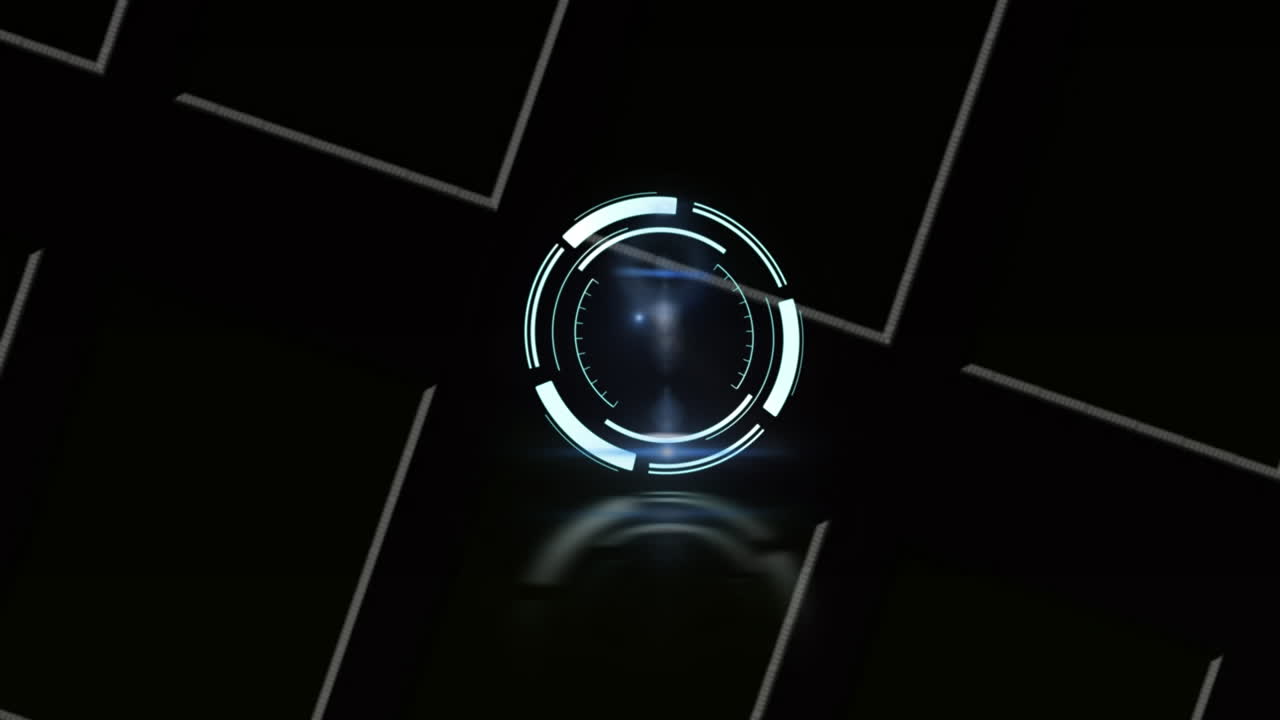 animación digital de escáner redondo de neón contra líneas blancas sobre fondo negro