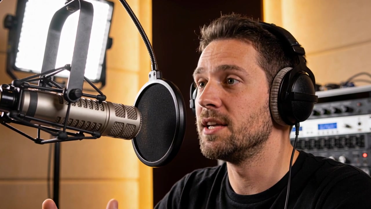 Talende podcastvært iført sort T-shirt og hovedtelefoner, der fremlægger pointer i et studie ved hjælp af en kondensatormikrofon.