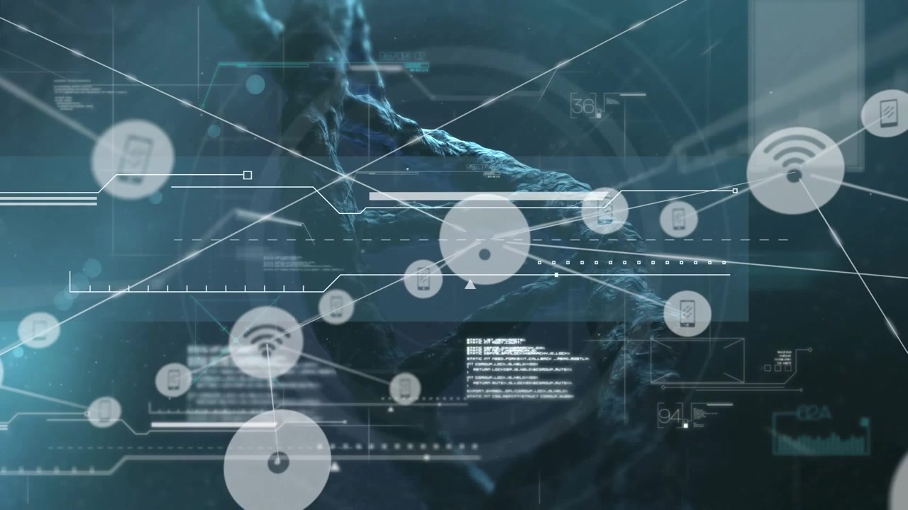 Animation of network of connections over dna strand and data processing on black background