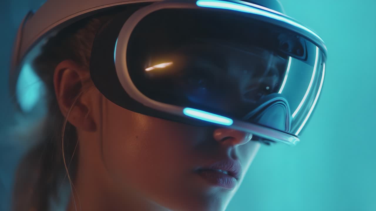 A Young Woman Engrossed in Virtual Reality: Captivating Moments of Immersion and Technology with a Futuristic VR Headset, Highlighting the Intersection of Innovation and Human Experience