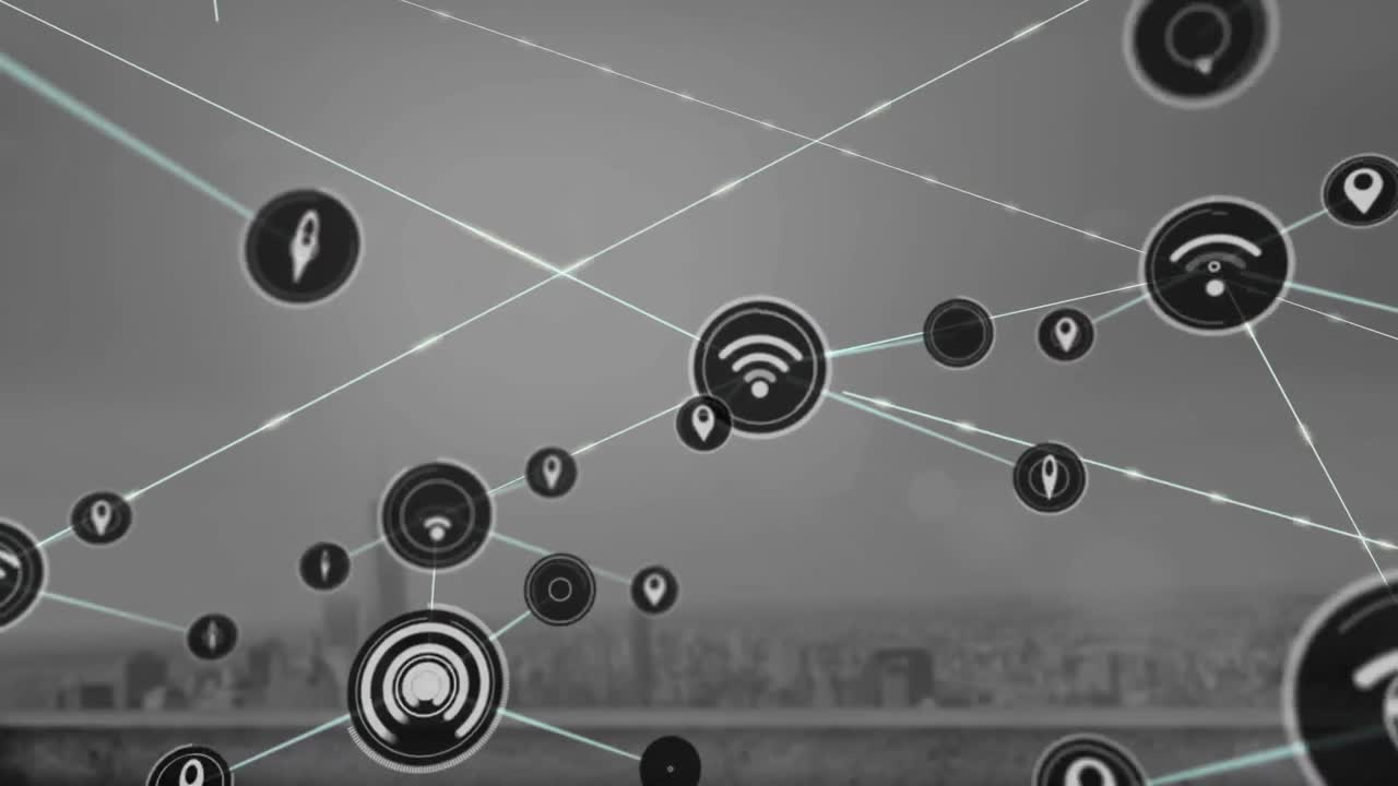 animación de una red de iconos digitales frente a una vista aérea del paisaje urbano