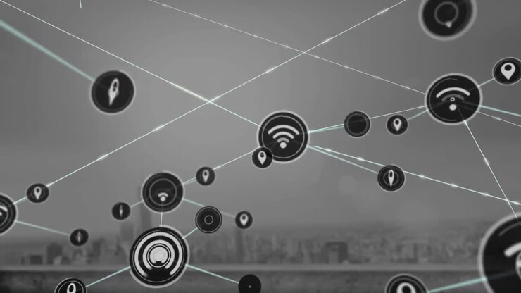 Animation of network of digital icons against aerial view of cityscape
