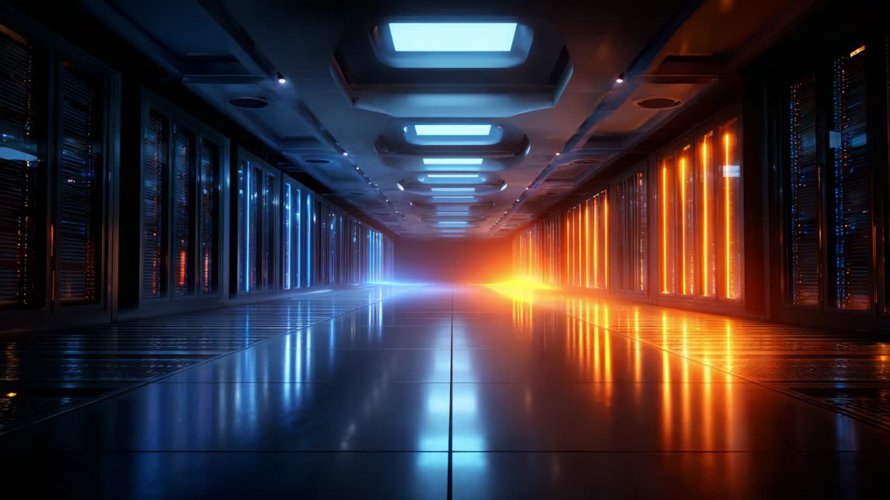 A Futuristic Data Center Environment Featuring Glowing Blue and Orange Lighting with Sleek Server Racks, Capturing the Essence of Advanced Technology and Digital Infrastructure, Perfectly Symmetrical Layout