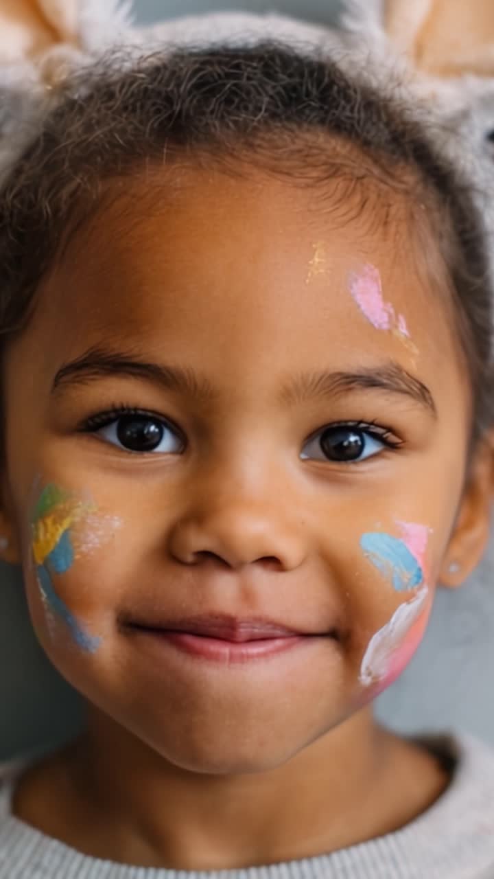 Uma Criança Alegre com Pintura Facial Colorida Sorrindo Feliz, Exibindo Criatividade Artística e Inocência em um Retrato Comovente