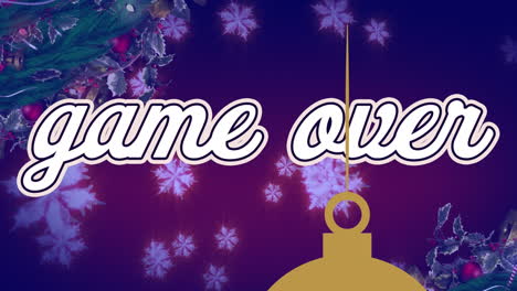 animación de nieve cayendo sobre bauble y juego sobre sobre fondo violeta.