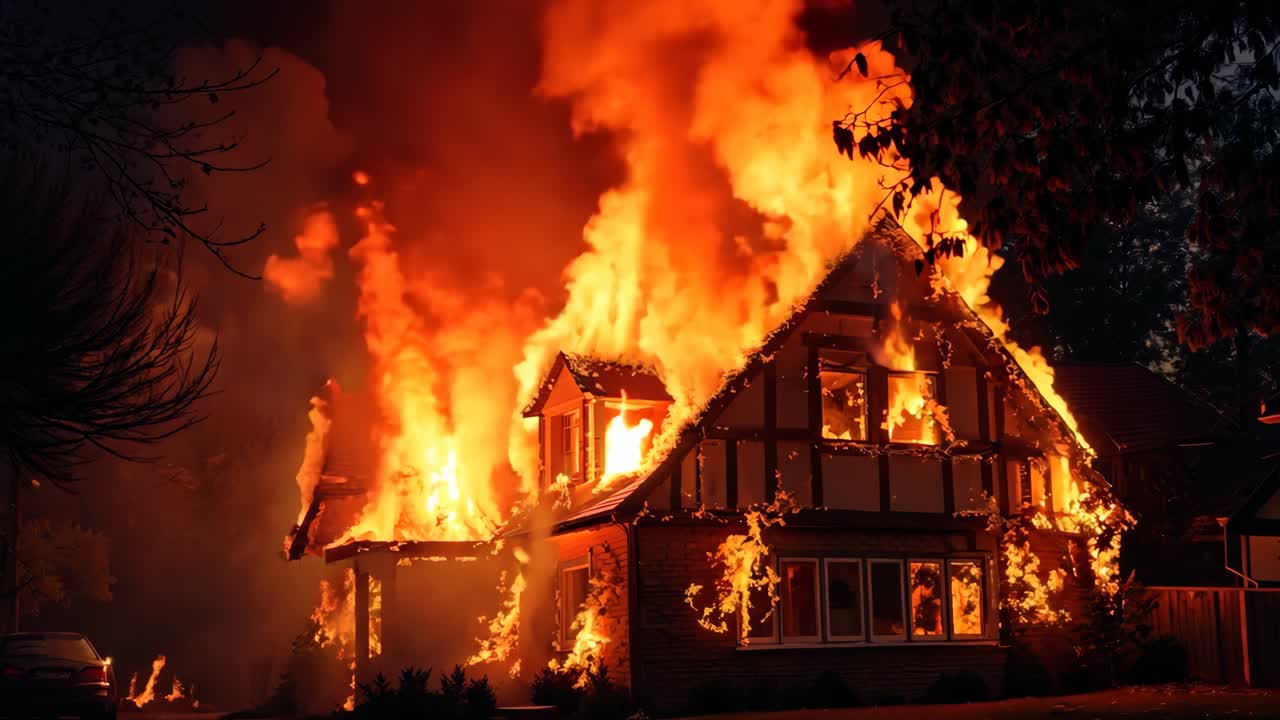 그 앞에 주차된 차와 함께 불타는 집