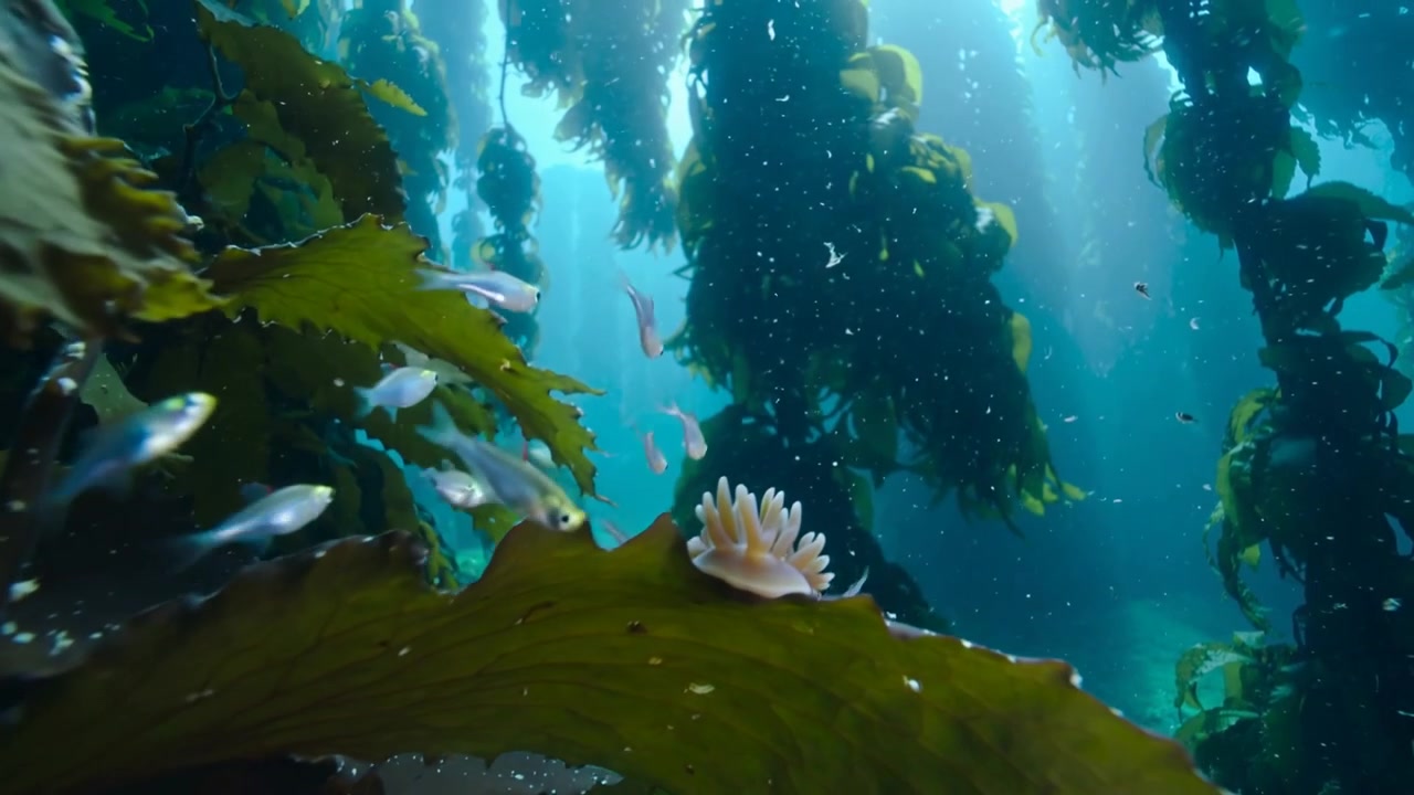 Un piccolo banco di pesci foraggio argentati nuota in una foresta di alghe, passando accanto a un anemone rosa, con la telecamera che avanza.
