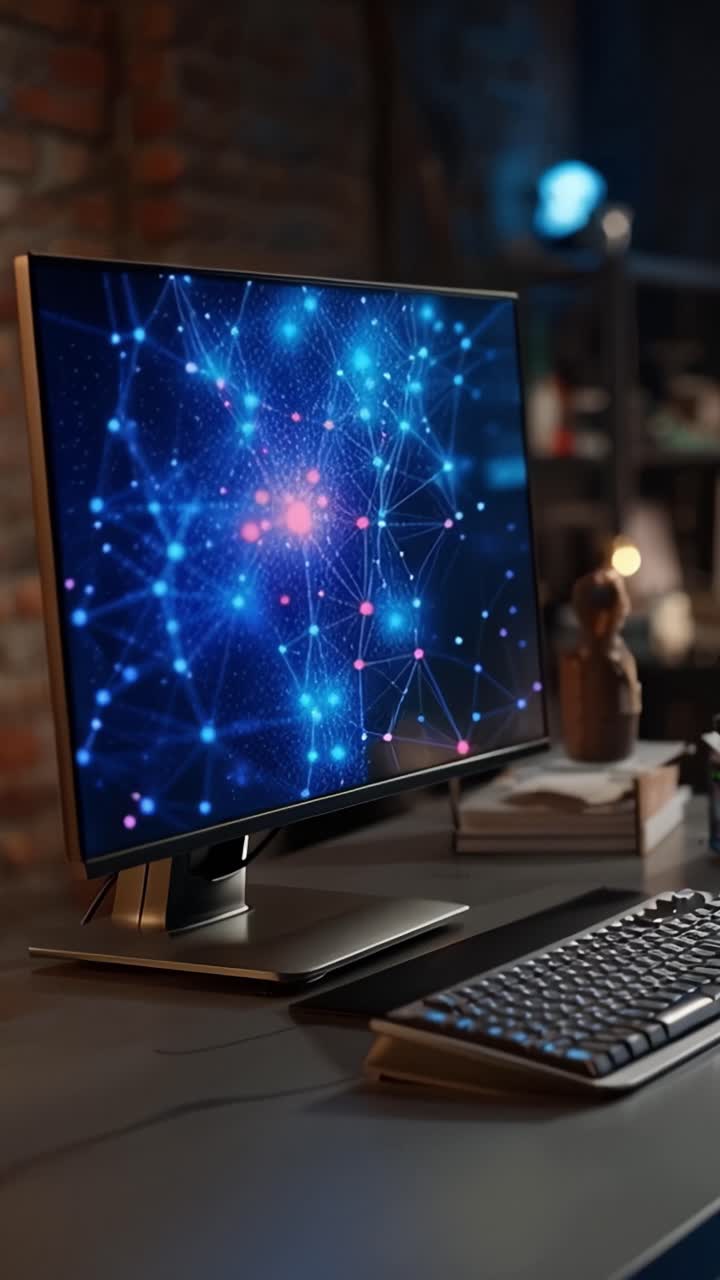 A Visually Striking Digital Workspace Showcase Featuring a High-Tech Monitor Displaying Vibrant Data Visualizations in a Cozy, Modern Environment