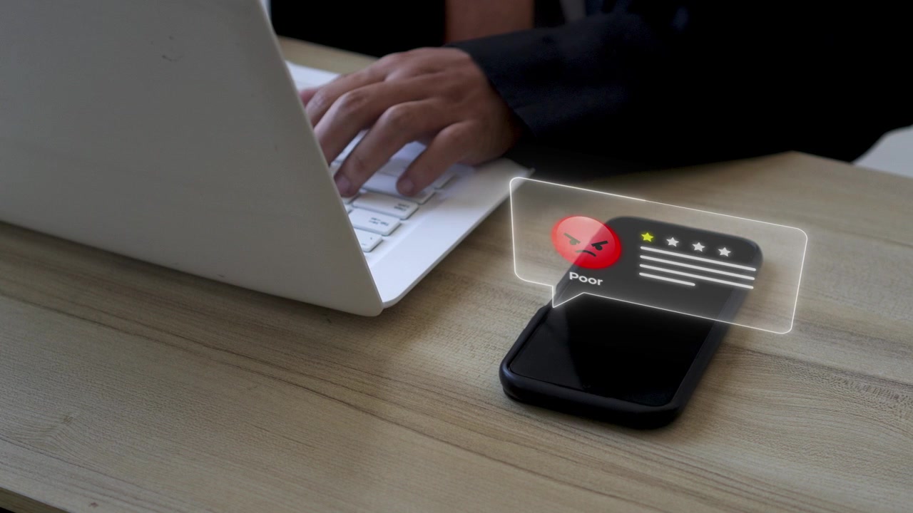 Bad digital customer review interface peep out on Smart phone with Hand businessman typing on laptop