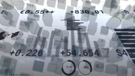 animación del procesamiento de datos financieros de la bolsa de valores sobre el paisaje urbano