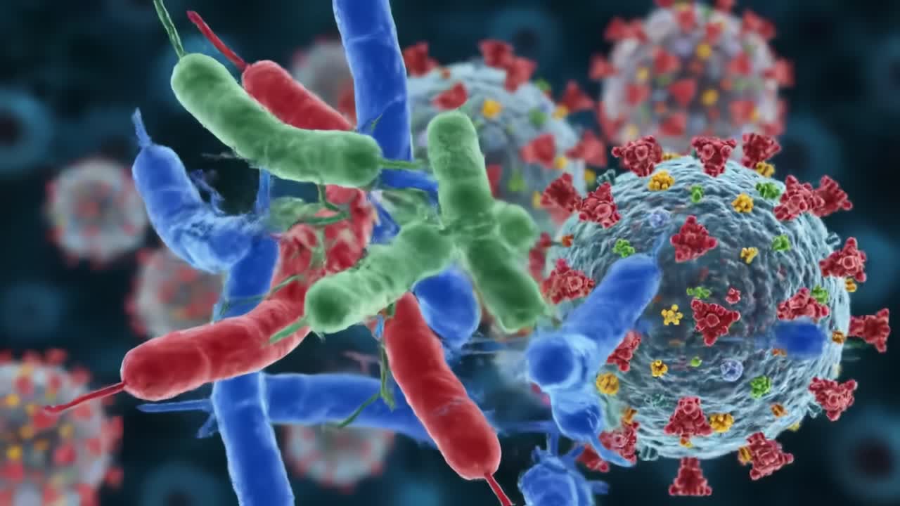 Explore the complex relationships between bacteria and viruses as they interact in a microscopic world rich in color and detail, showcasing their dynamic biological behaviors.