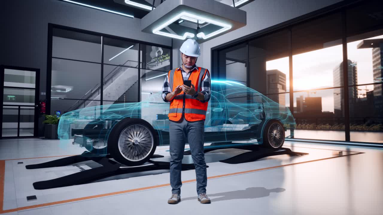 cuerpo lleno de ingeniero masculino asiático con casco de seguridad usando teléfono inteligente mientras está de pie con el concepto de vehículo eléctrico, instalación industrial de alta tecnología